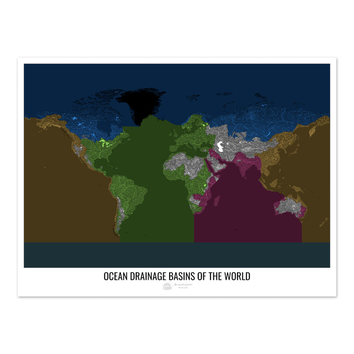 The world - Ocean drainage basin map, black v2 - Photo Art Print