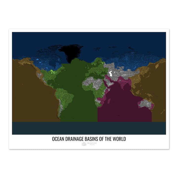 O mundo - Mapa da bacia de drenagem oceânica, preto v2 - Impressão de arte fotográfica