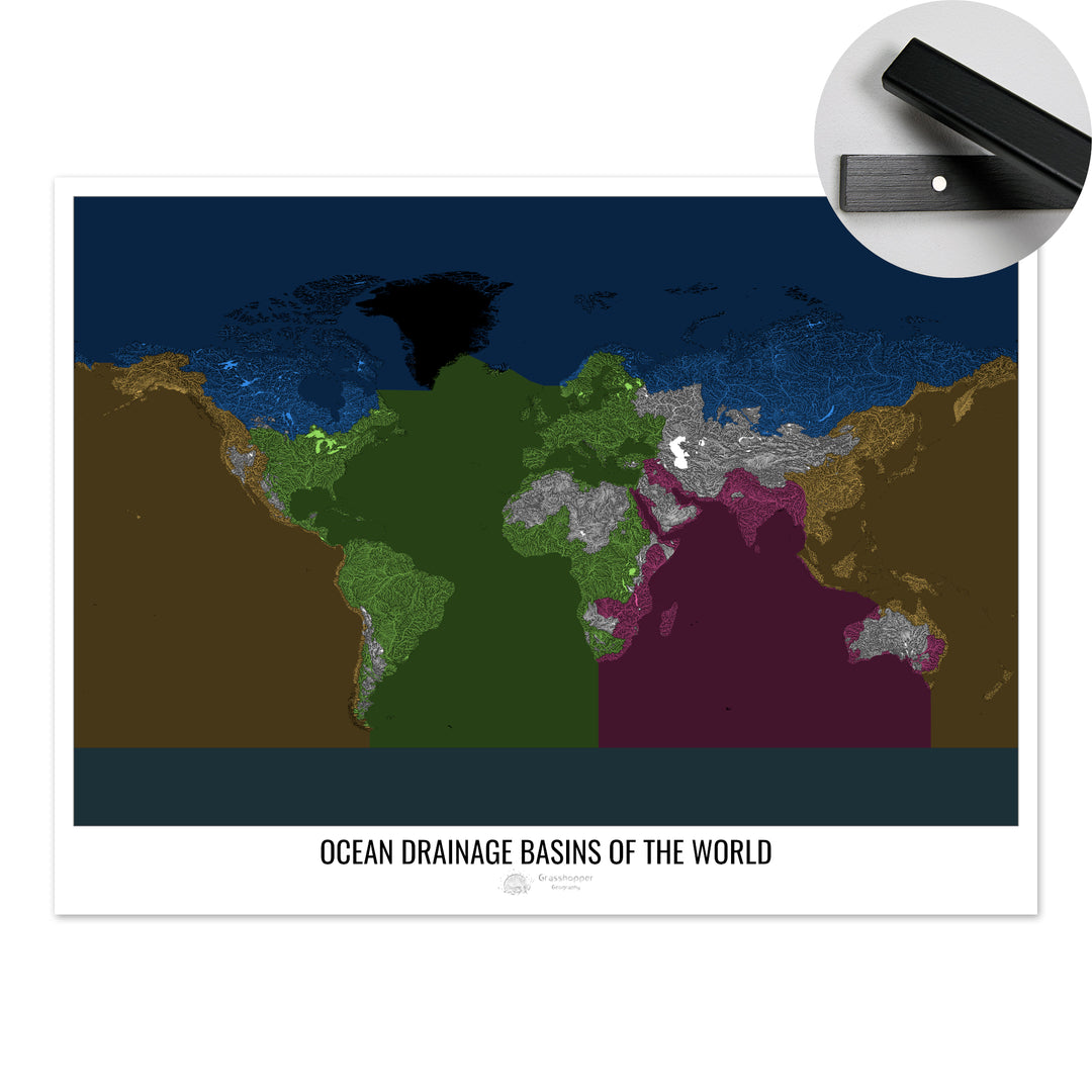Le monde - Carte des bassins versants océaniques, noir v2 - Tirage d'art avec cintre