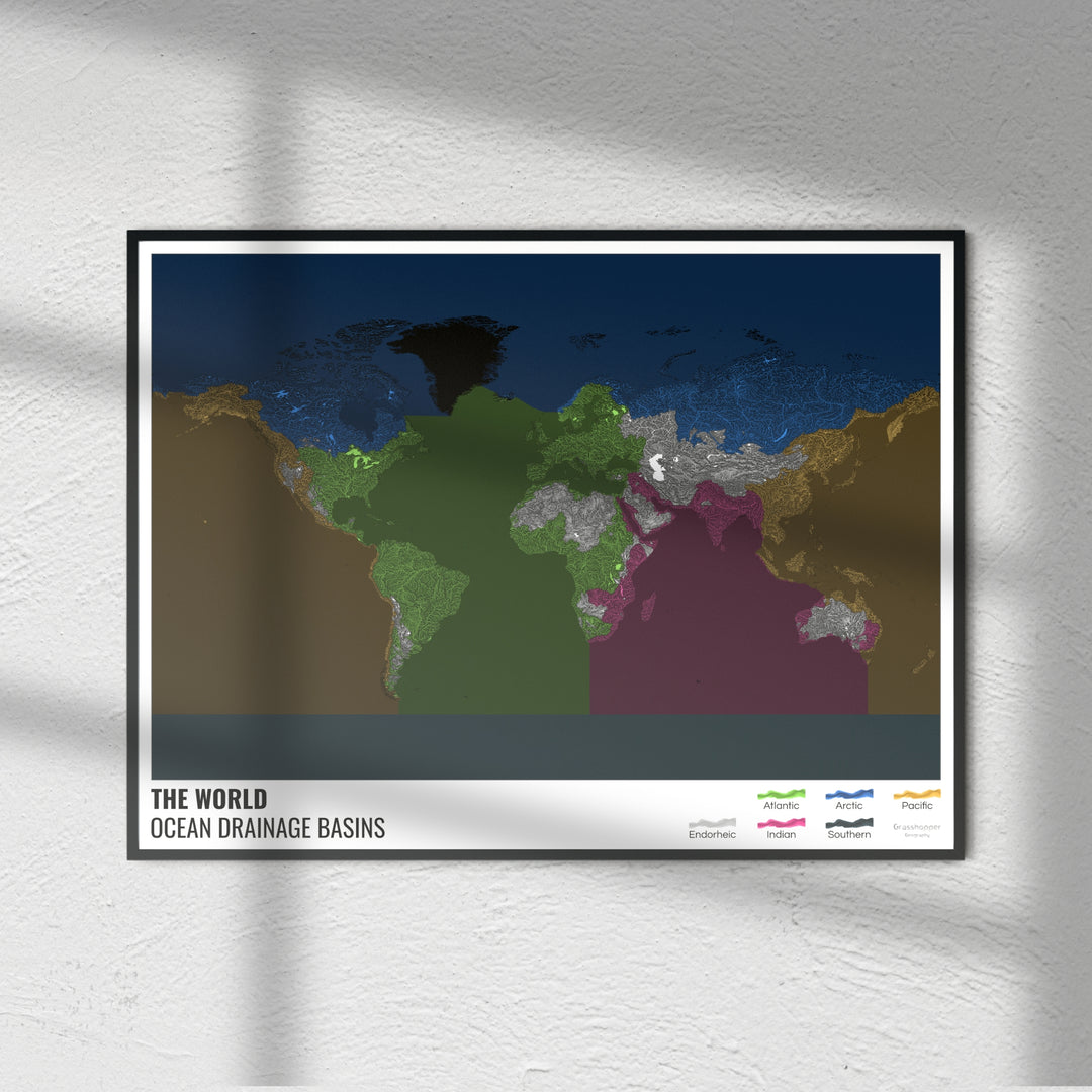 The world - Ocean drainage basin map, black with legend v2 - Fine Art Print