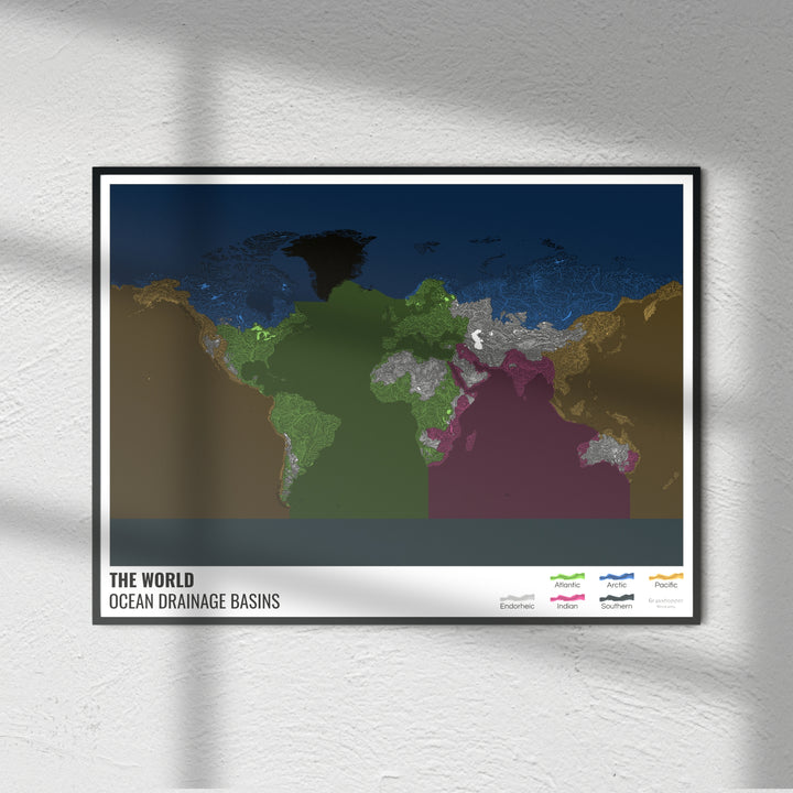 El mundo - Mapa de la cuenca hidrográfica del océano, negro con leyenda v2 - Impresión de bellas artes