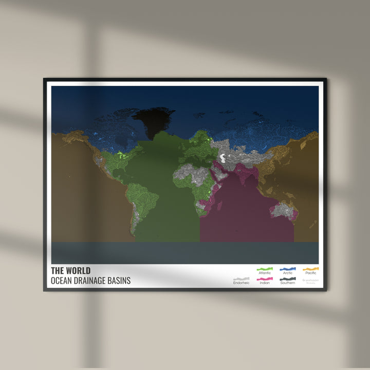 El mundo - Mapa de la cuenca hidrográfica del océano, negro con leyenda v2 - Impresión fotográfica