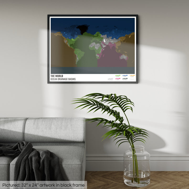 The world - Ocean drainage basin map, black with legend v2 - Framed Print