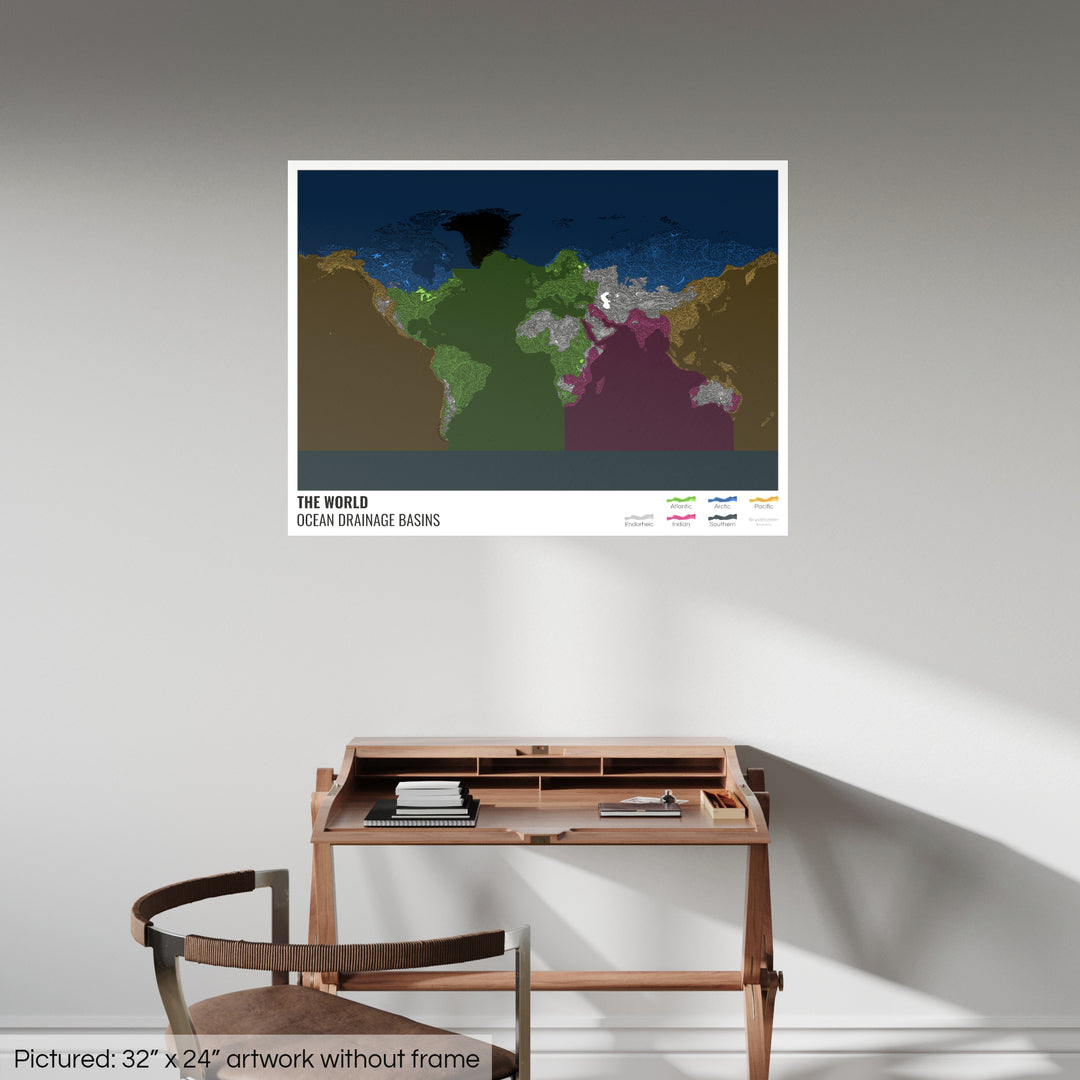 Le monde - Carte des bassins hydrographiques océaniques, noire avec légende v2 - Fine Art Print
