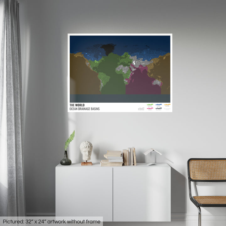 Le monde - Carte des bassins hydrographiques océaniques, noire avec légende v2 - Photo Art Print