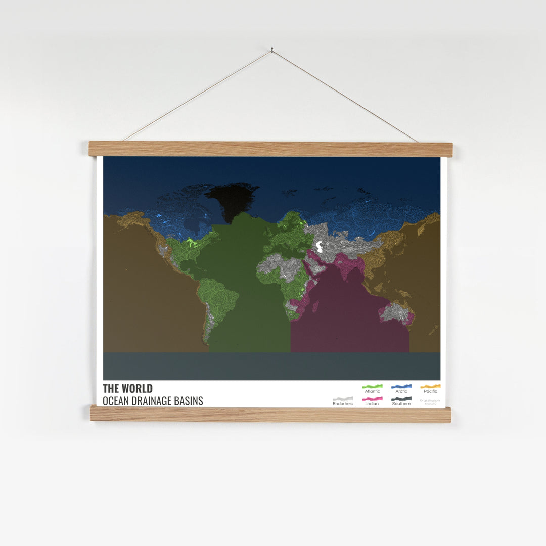 Le monde - Carte des bassins versants océaniques, noire avec légende v2 - Tirage d'art avec cintre