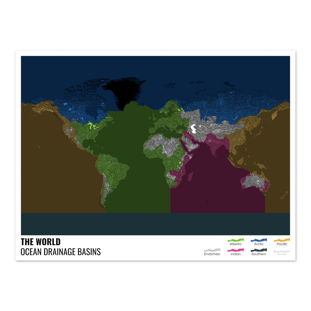 The world - Ocean drainage basin map, black with legend v2 - Fine Art Print