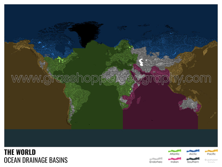 Le monde - Carte des bassins hydrographiques océaniques, noire avec légende v2 - Photo Art Print