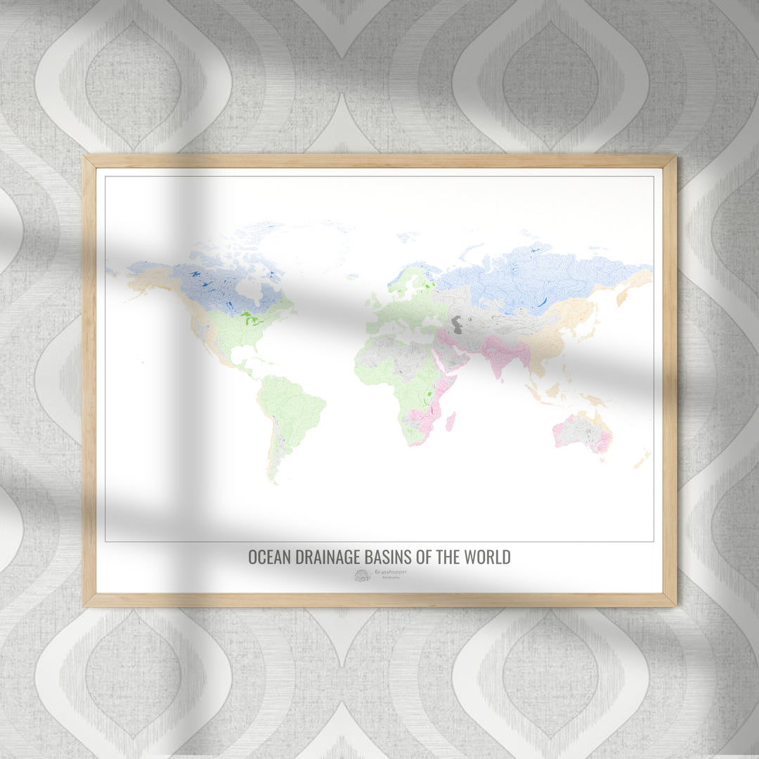 O mundo - Mapa da bacia de drenagem oceânica, branco v1 - Impressão de belas artes