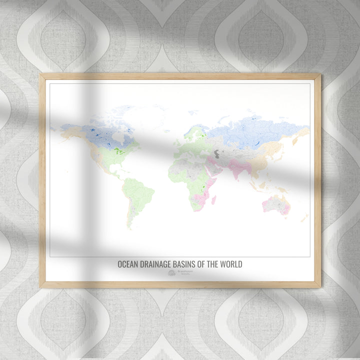 O mundo - Mapa da bacia de drenagem oceânica, branco v1 - Impressão de belas artes