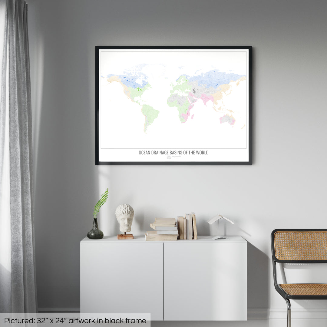 O mundo - Mapa da bacia de drenagem oceânica, branco v1 - Impressão emoldurada