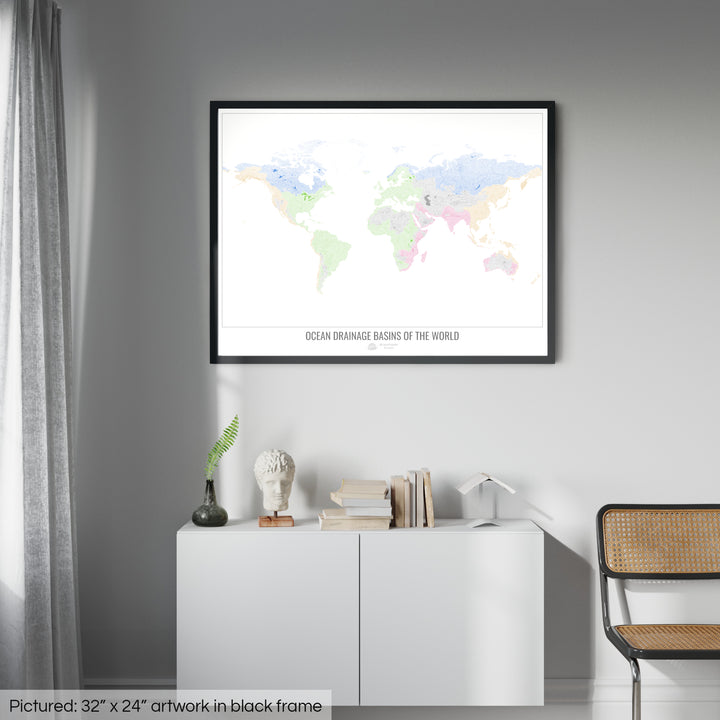 O mundo - Mapa da bacia de drenagem oceânica, branco v1 - Impressão emoldurada