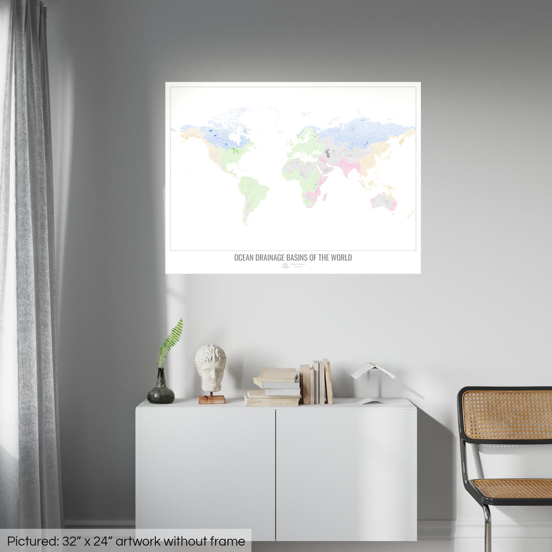 O mundo - Mapa da bacia de drenagem oceânica, branco v1 - Impressão de belas artes