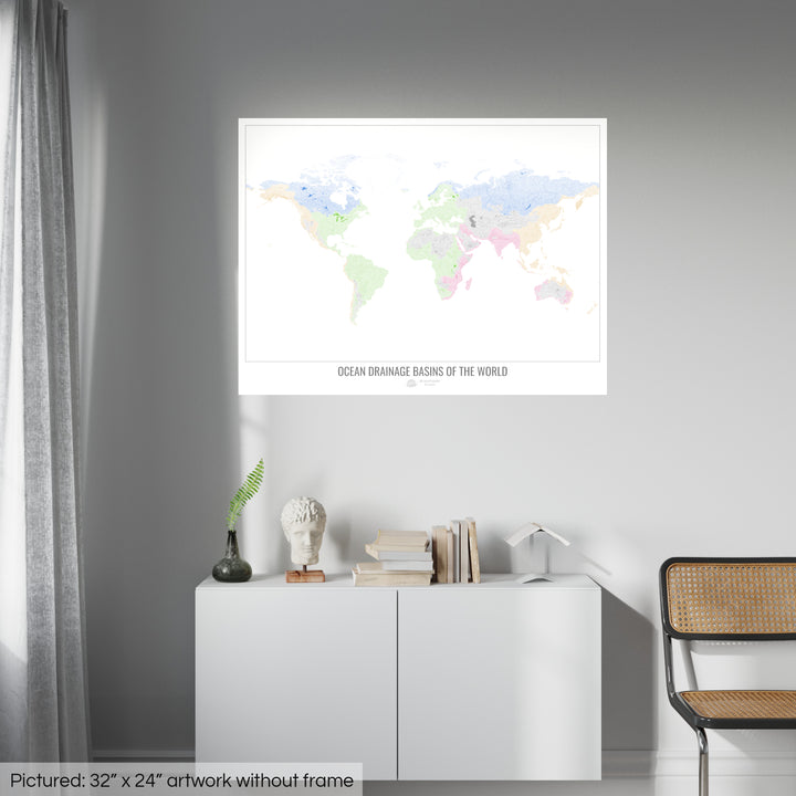 O mundo - Mapa da bacia de drenagem oceânica, branco v1 - Impressão de belas artes