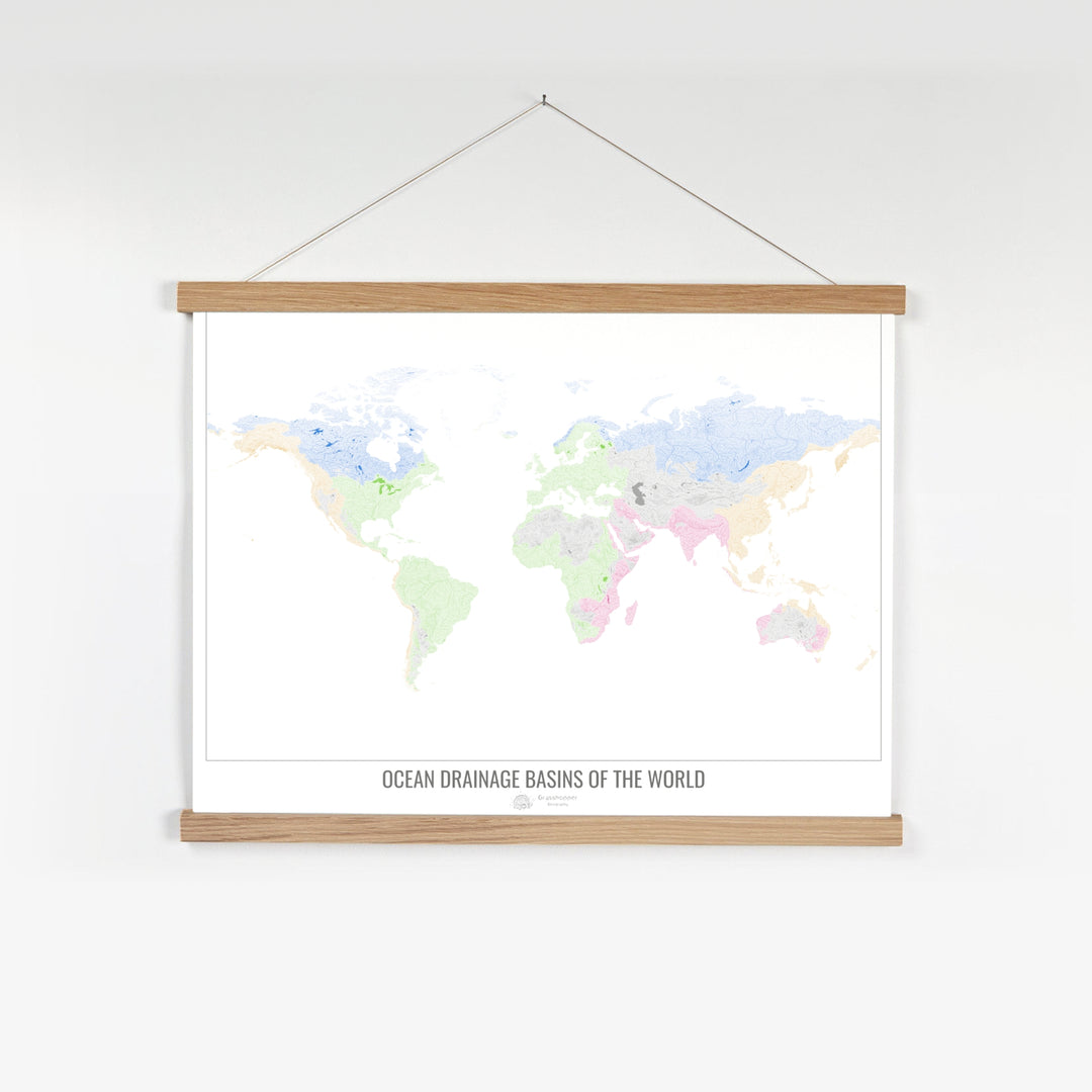 The world - Ocean drainage basin map, white v1 - Fine Art Print with Hanger
