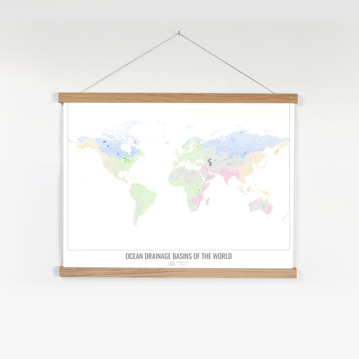 Le monde - Carte des bassins versants océaniques, blanc v1 - Tirage d'art avec cintre
