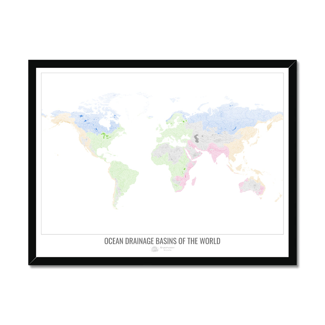 Le monde - Carte des bassins versants océaniques, blanc v1 - Impression encadrée