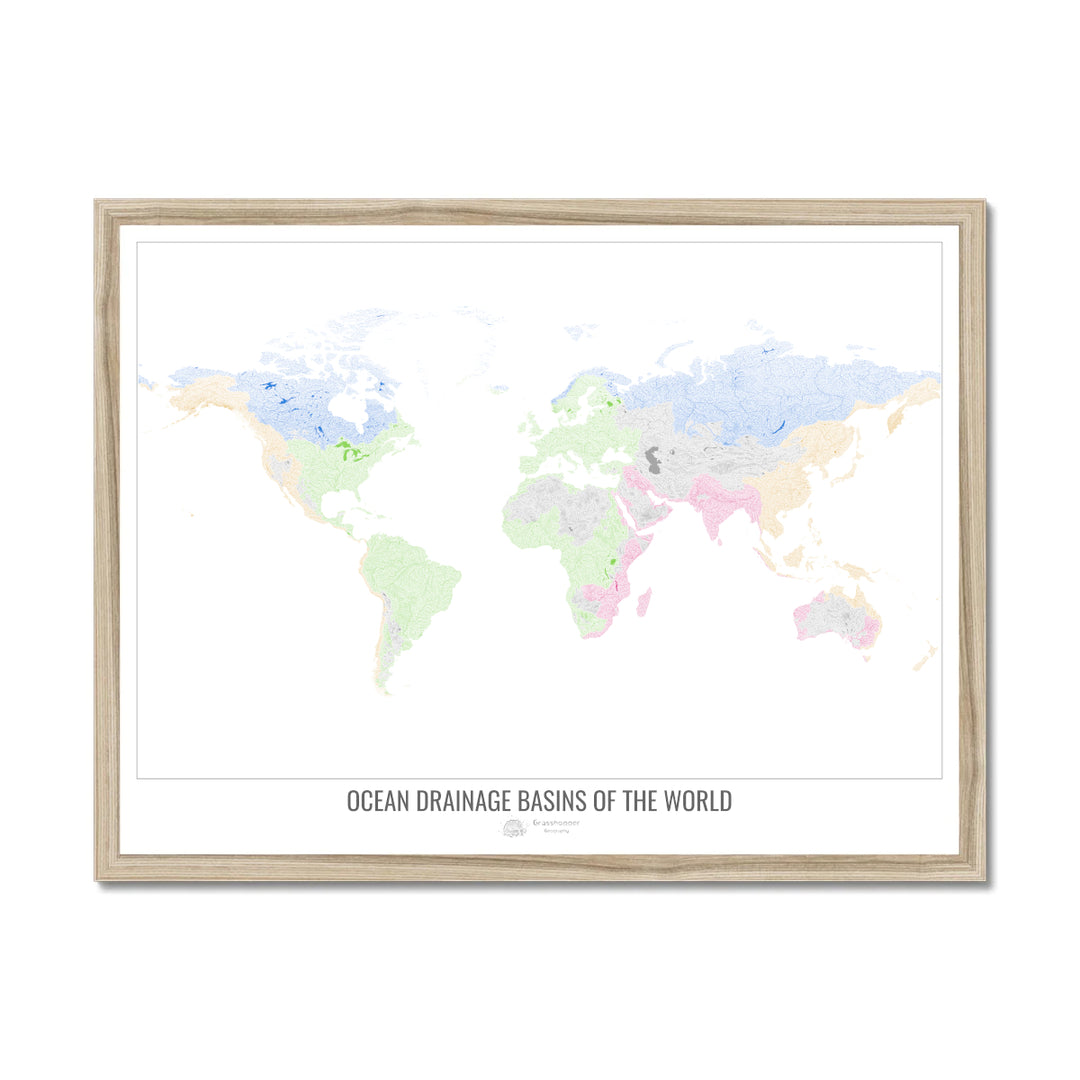 El mundo - Mapa de la cuenca hidrográfica del océano, blanco v1 - Lámina enmarcada