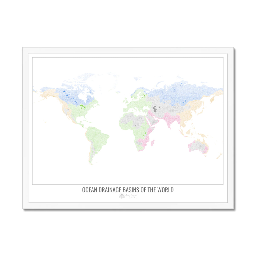 The world - Ocean drainage basin map, white v1 - Framed Print