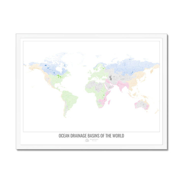 O mundo - Mapa da bacia de drenagem oceânica, branco v1 - Impressão emoldurada