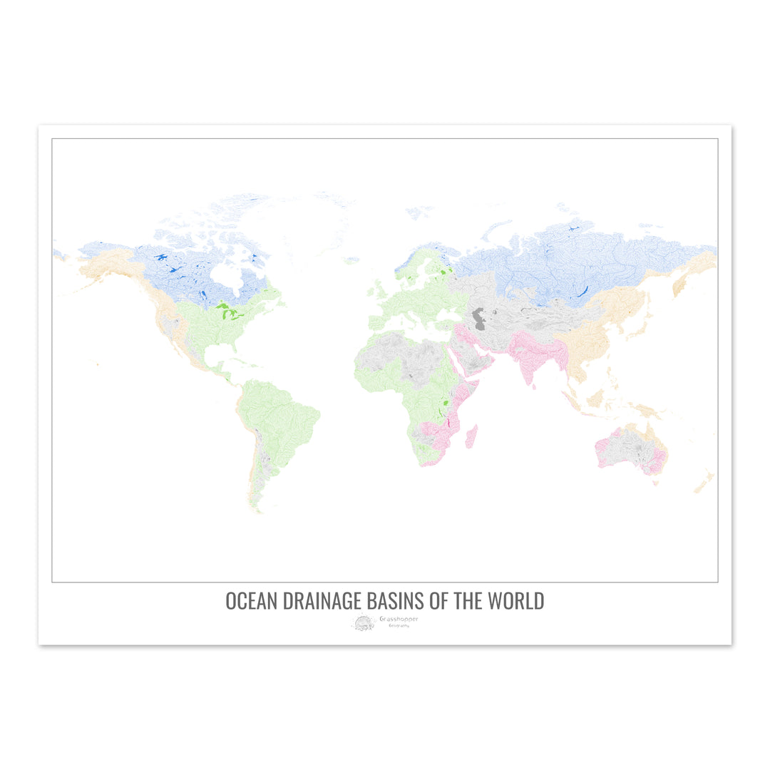 El mundo - Mapa de la cuenca hidrográfica del océano, blanco v1 - Impresión de bellas artes