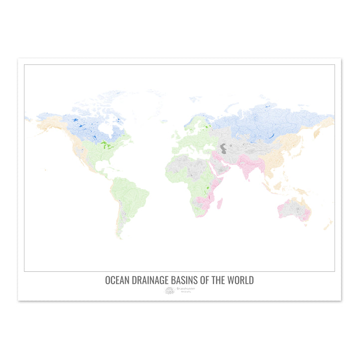 The world - Ocean drainage basin map, white v1 - Fine Art Print