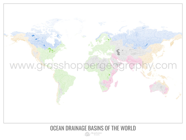 El mundo - Mapa de la cuenca hidrográfica del océano, blanco v1 - Impresión de bellas artes