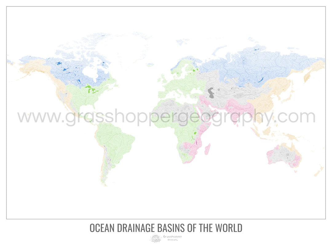 Le monde - Carte des bassins hydrographiques océaniques, blanc v1 - Tirage photo artistique