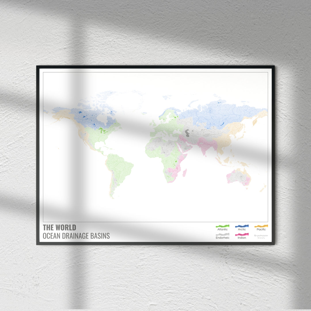 El mundo - Mapa de la cuenca hidrográfica del océano, blanco con leyenda v1 - Impresión de bellas artes