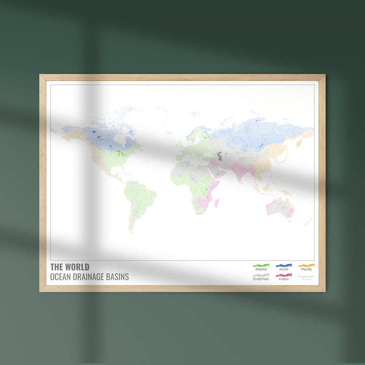 世界 - 海洋流域地图，白色带图例 v1 - 摄影艺术印刷