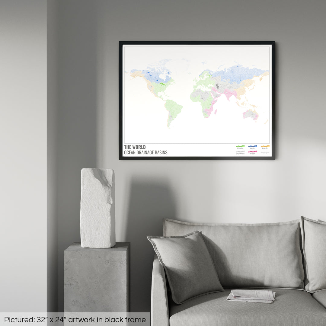 Le monde - Carte des bassins versants océaniques, blanche avec légende v1 - Impression encadrée