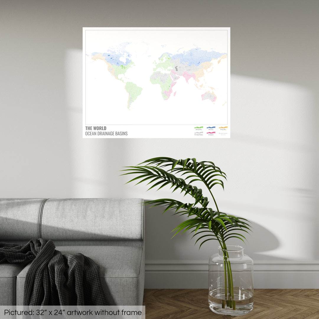 Le monde - Carte des bassins hydrographiques océaniques, blanche avec légende v1 - Photo Art Print
