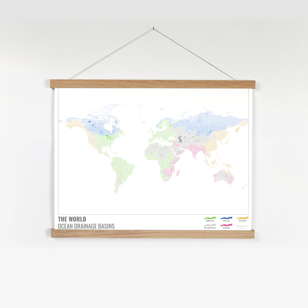 El mundo - Mapa de la cuenca hidrográfica del océano, blanco con leyenda v1 - Impresión artística con colgador