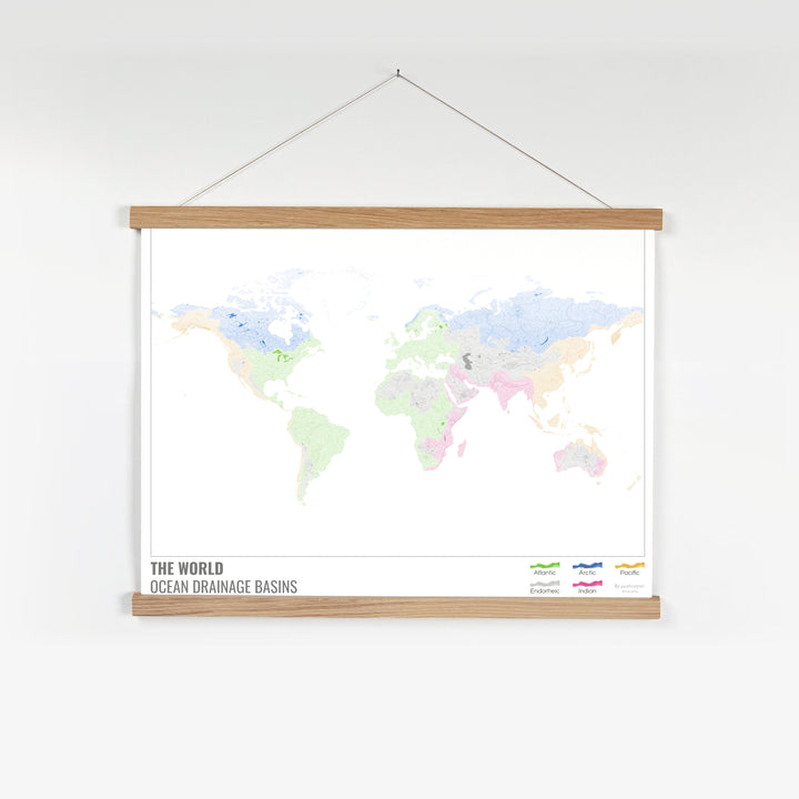 Le monde - Carte des bassins versants océaniques, blanche avec légende v1 - Tirage d'art avec cintre