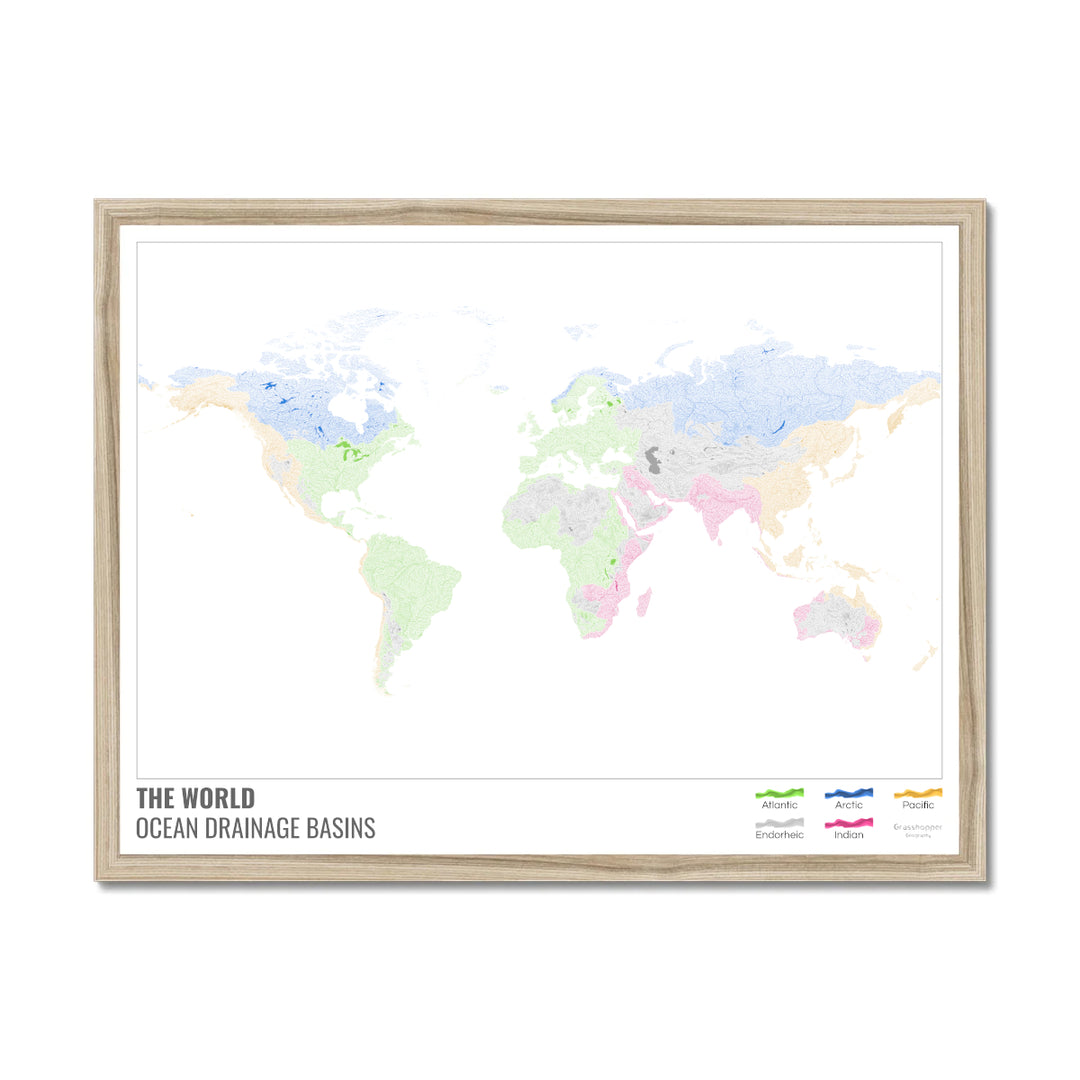 The world - Ocean drainage basin map, white with legend v1 - Framed Print