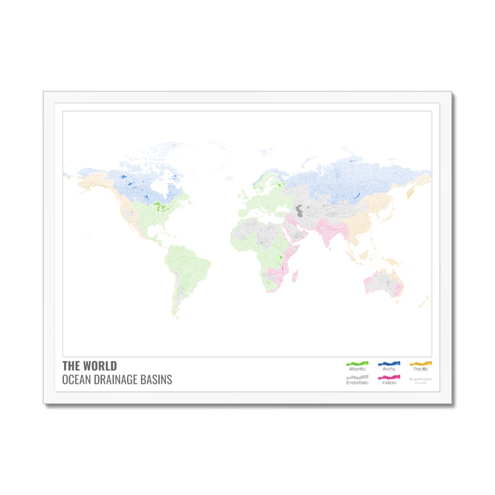 Le monde - Carte des bassins versants océaniques, blanche avec légende v1 - Impression encadrée