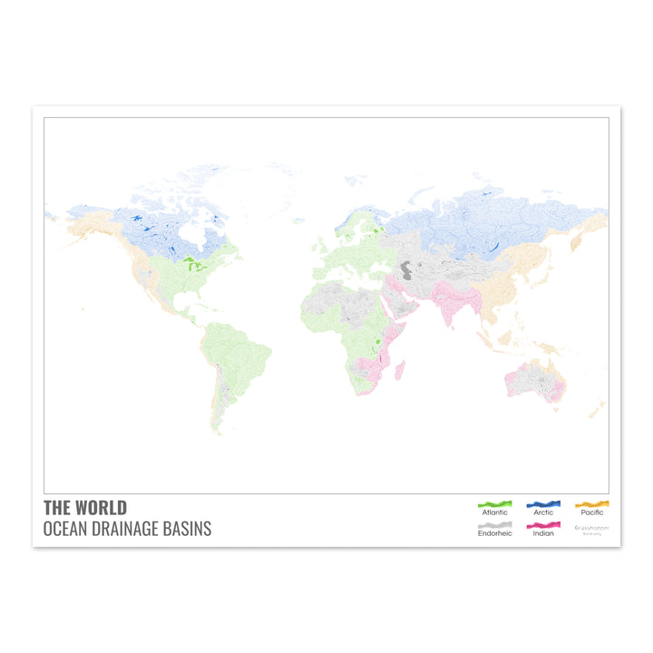 Le monde - Carte des bassins hydrographiques océaniques, blanche avec légende v1 - Fine Art Print