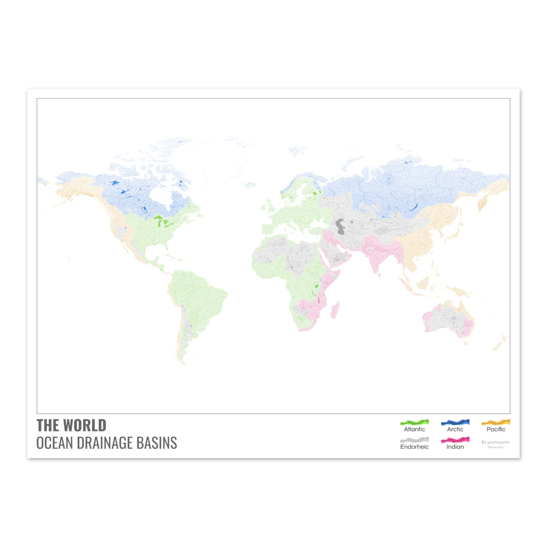 世界 - 海洋流域地图，白色带图例 v1 - 摄影艺术印刷