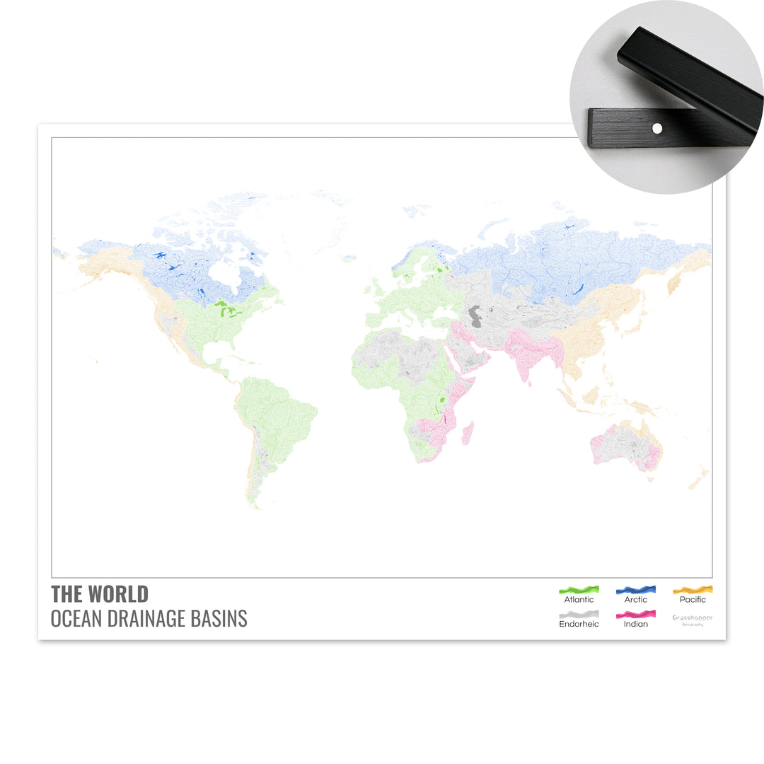 El mundo - Mapa de la cuenca hidrográfica del océano, blanco con leyenda v1 - Impresión artística con colgador