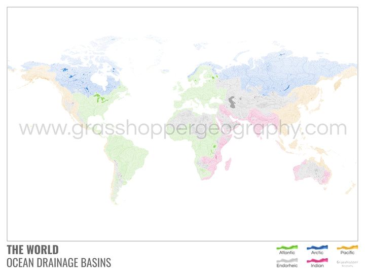 The world - Ocean drainage basin map, white with legend v1 - Photo Art Print