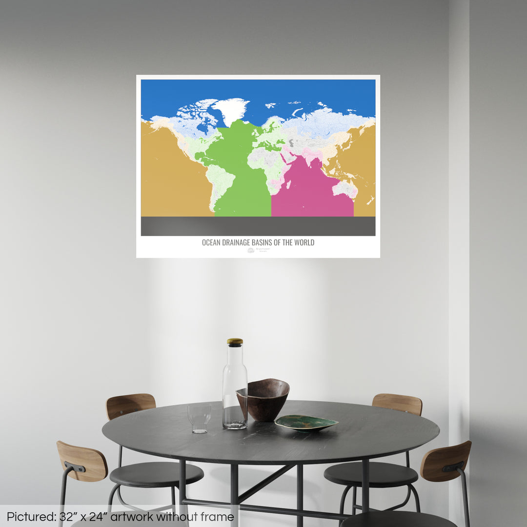 O mundo - Mapa da bacia de drenagem oceânica, branco v2 - Impressão de arte fotográfica