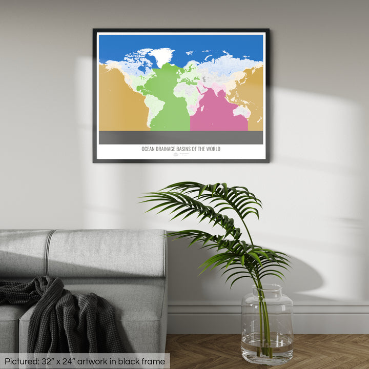 Le monde - Carte des bassins versants océaniques, blanc v2 - Impression encadrée