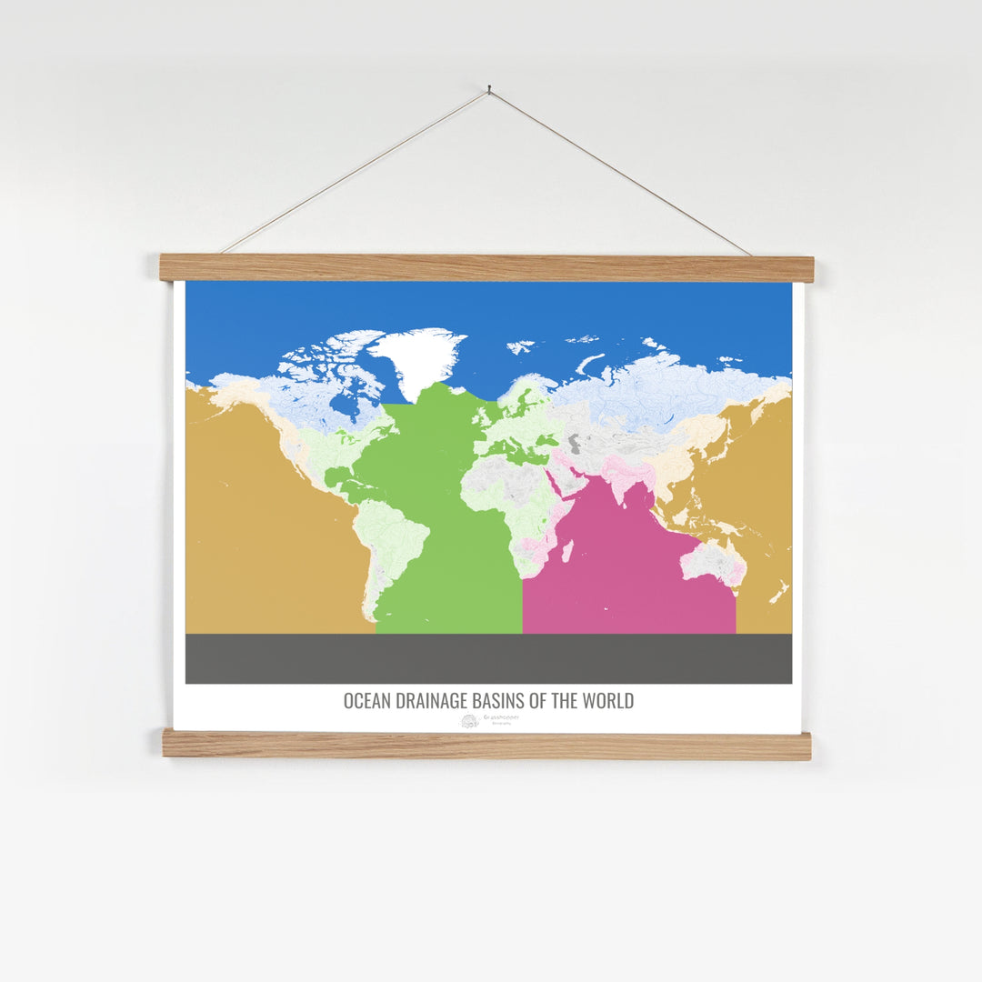El mundo - Mapa de la cuenca hidrográfica del océano, blanco v2 - Impresión artística con colgador