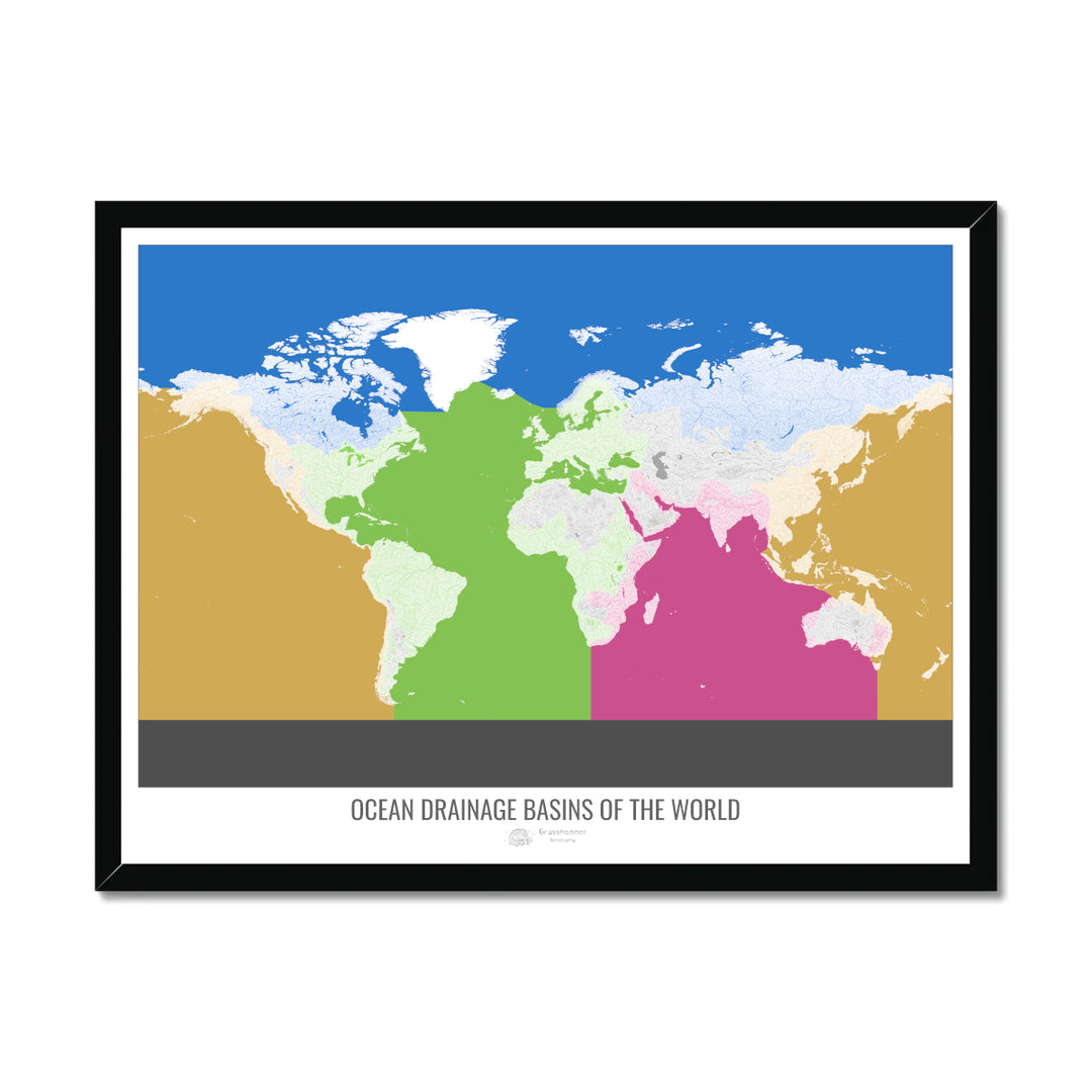 The world - Ocean drainage basin map, white v2 - Framed Print