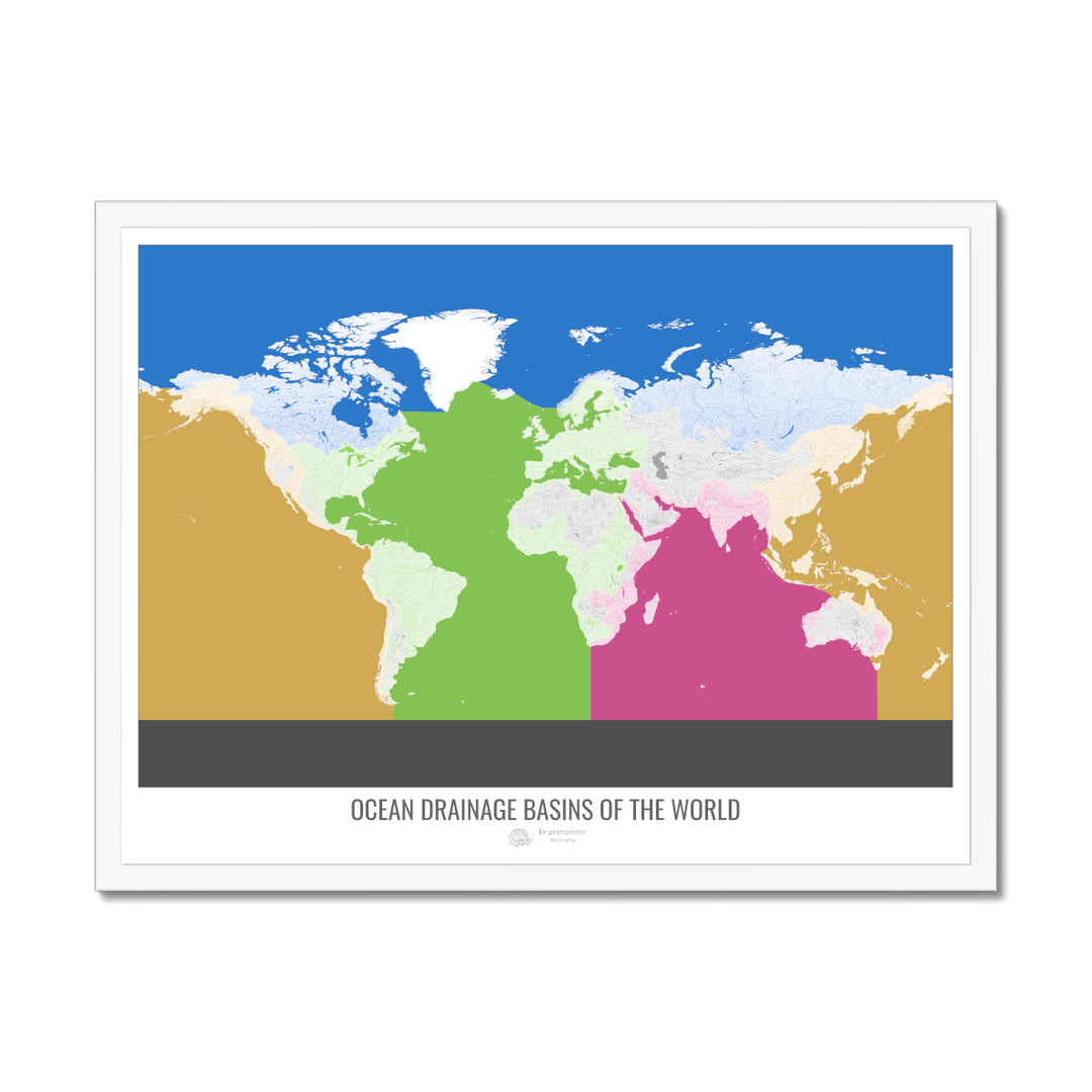 Le monde - Carte des bassins versants océaniques, blanc v2 - Impression encadrée
