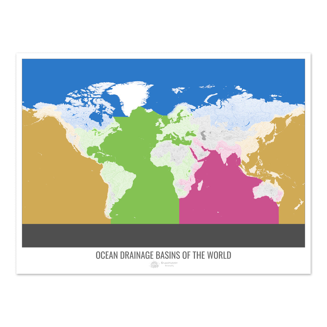 Le monde - Carte des bassins versants océaniques, blanc v2 - Fine Art Print