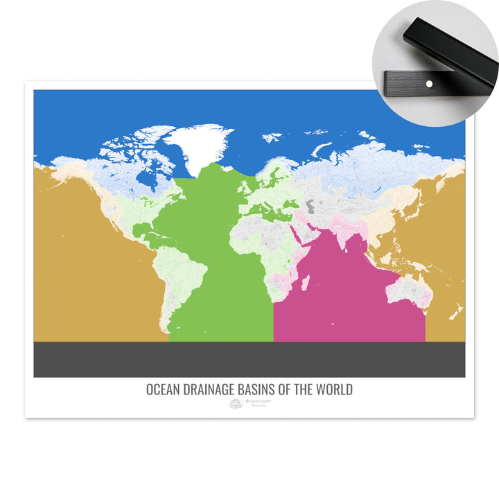 The world - Ocean drainage basin map, white v2 - Fine Art Print with Hanger