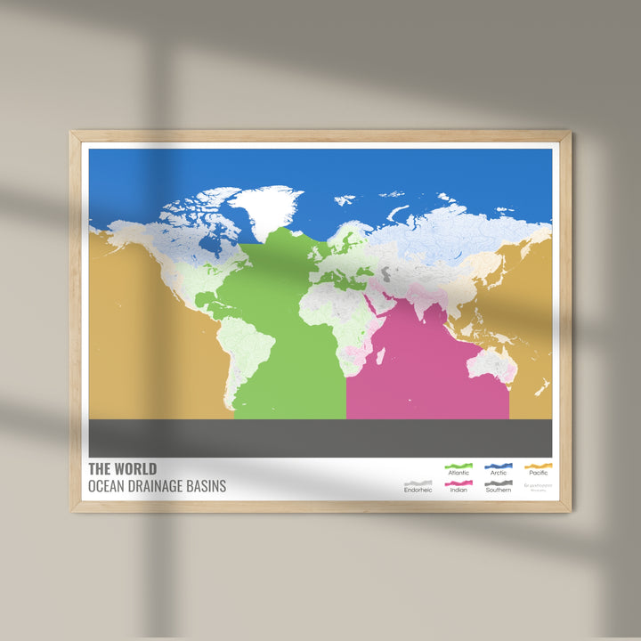 El mundo - Mapa de la cuenca hidrográfica del océano, blanco con leyenda v2 - Impresión de bellas artes