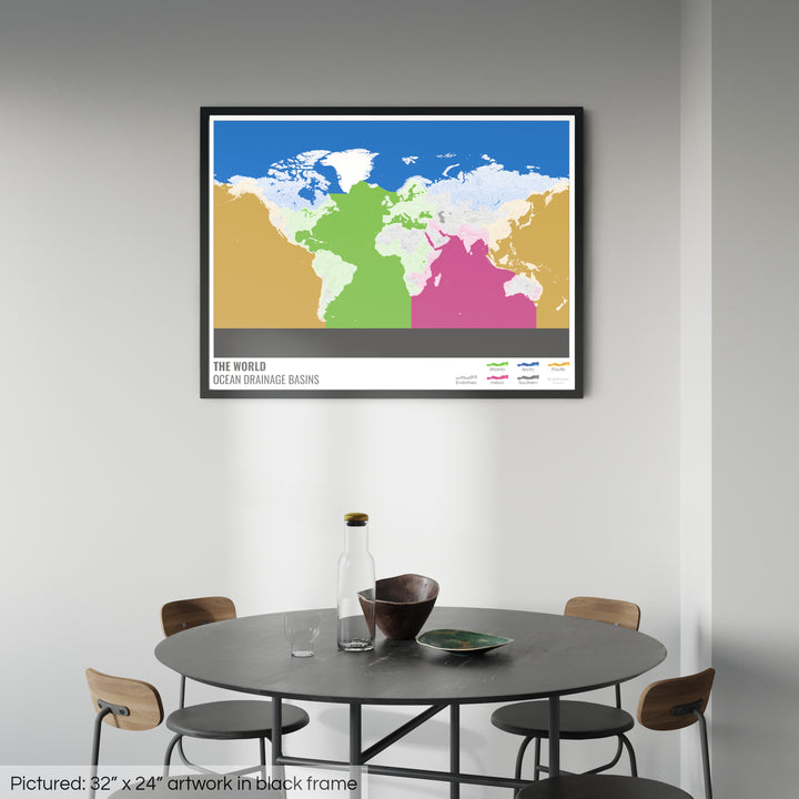 The world - Ocean drainage basin map, white with legend v2 - Framed Print