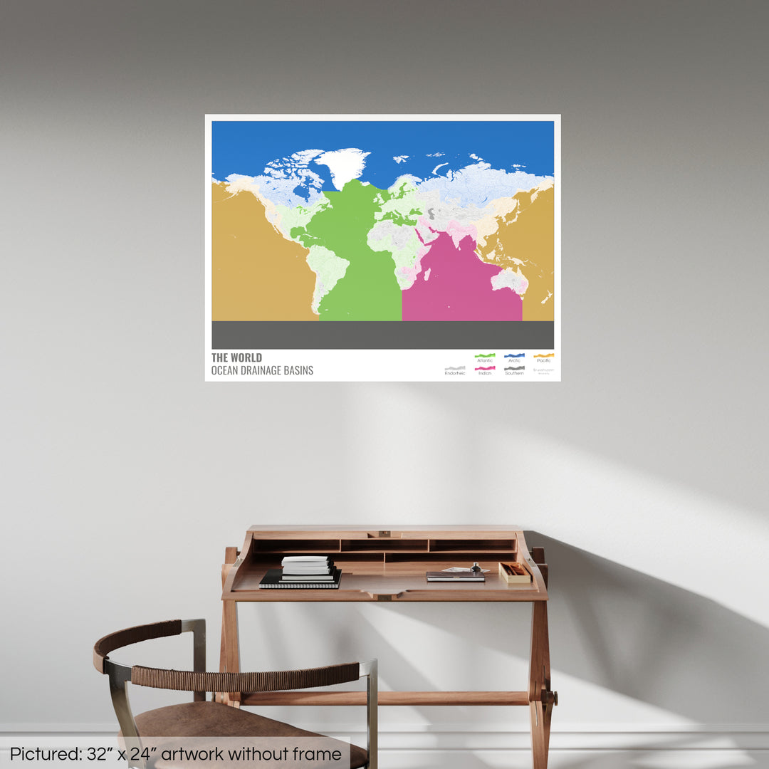 Le monde - Carte des bassins versants océaniques, blanche avec légende v2 - Fine Art Print